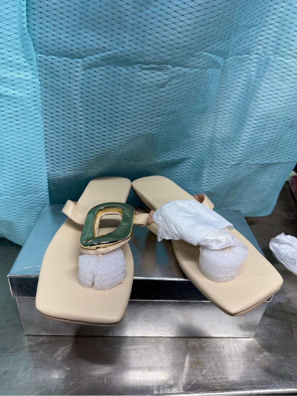 Beige Square-Toe Slide Sandals with Gold Accent